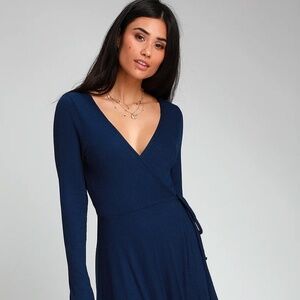 Keira Navy Blue Ribbed Long Sleeve Midi Dress